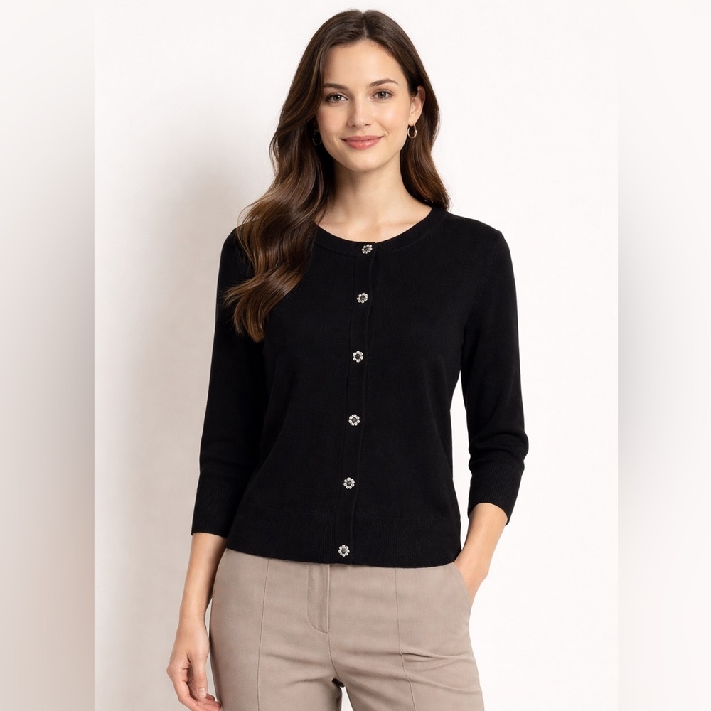 Kate Spade New York Black Wool Blend Cardigan Sweater Rhinestone Flower Buttons